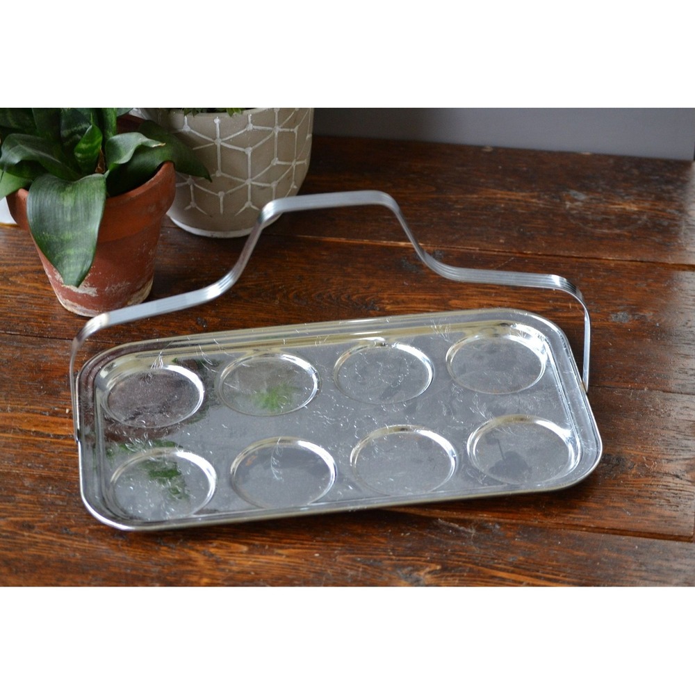 Chrome Drink‎ Tray Metal Handle Bar Cart glass storage mid century barware decor